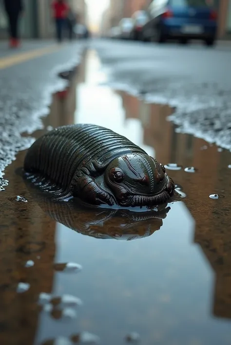 Trilobite,vivo,swimming in a puddle on the street,photo taken with a cell phone, hyperrealistic.
