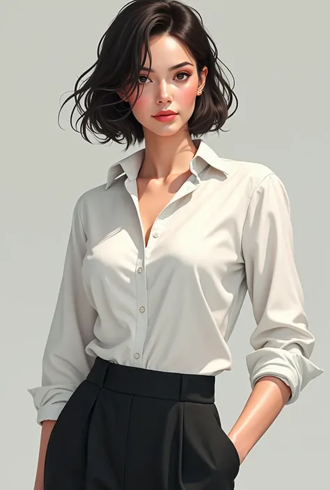  A refreshed and shaped ,  woman covered by a formal shirt and pants. Her short hair , therefore, but wet , shoulder height,  covered both sides of her neck .