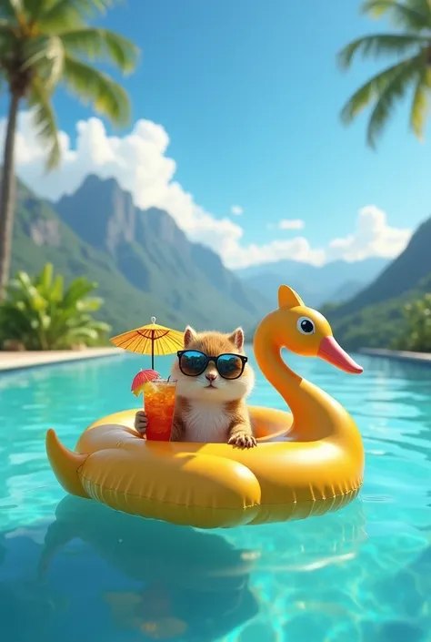  A small golden-haired squirrel in a golden swan-shaped buoy floating in an infinity pool.  He holds a tropical drink with a paper umbrella , while wearing mirrored sunglasses . In the background,  a stunning view of mountains covered with lush vegetation ...