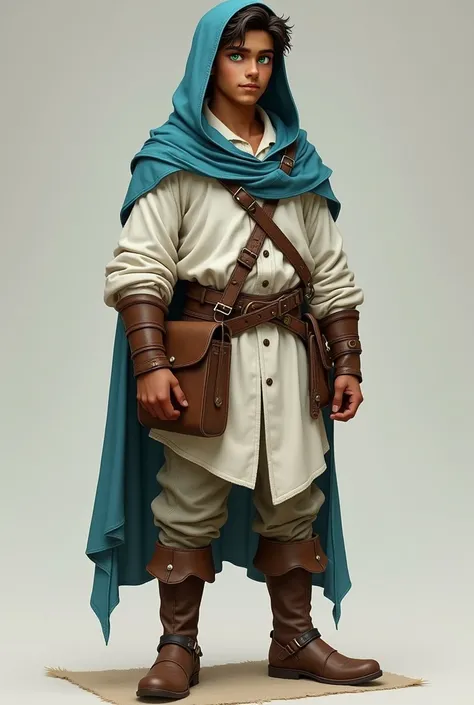 Brown-skinned, green-eyed wizard ,  dressed in tall leather boots and a white tunic with a sky blue hoodie,  with a belt and a leather bag .  The image has to be full-length , young man, Not a  . not so  