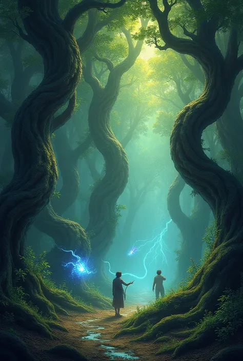 Illustrate a dense forest of towering, spiraling trees with bark that changes color with the seasons, their branches intertwined with glowing, ethereal vines, while strange creatures flit between the shadows, leaving trails of light in their wake.