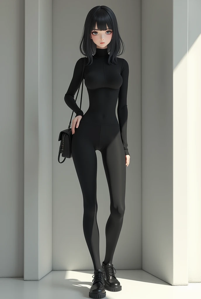 Anime girl in a black turtleneck long sleeve full body tights