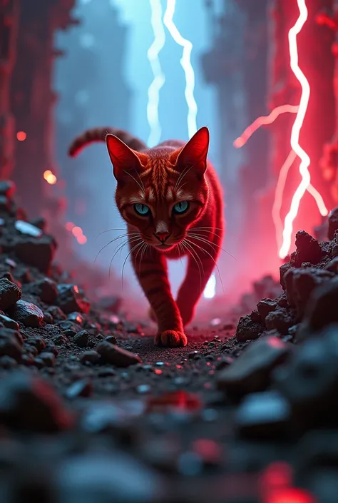 A red cat sneaks among the wreckage of a destroyed radioactive laboratory with secret equipment, colorful lightning flashes around 
