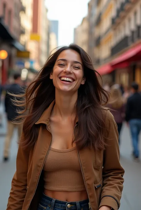 Create an image of a woman smiling from the front walking down the street, close up