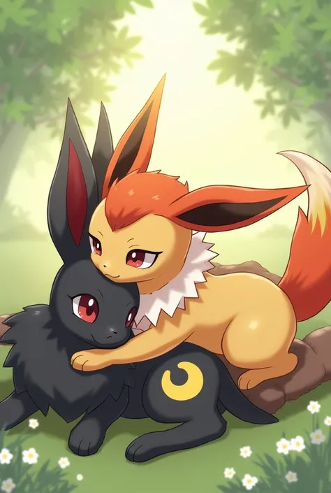 Umbreon, Sylveon and Flareon lying together on top of each other