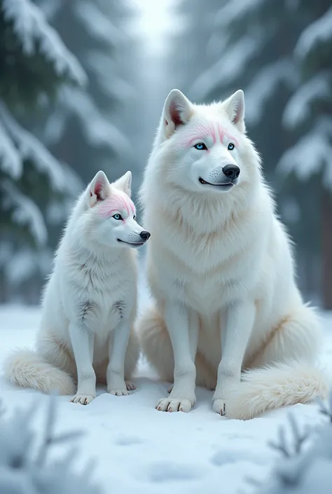 A small white wolf with light pink stripes on its fur looking to the left and another pure white wolf looking to the right, both backwards and each with nine realistic tails, a background with snow and trees. 