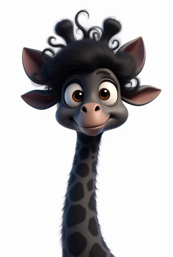 Make a photo of A cute cartoon black giraffe with curly black  hair like woman hairs with white background