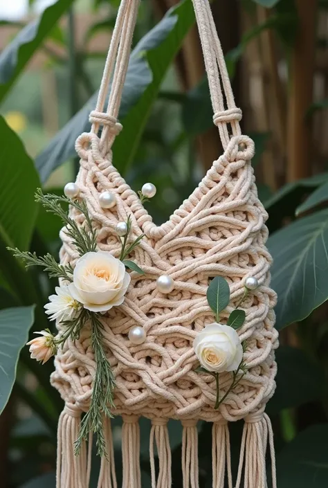 Please create a bag made of macrame with architectural designs and with flower and pearl applications in a bohemian wave 