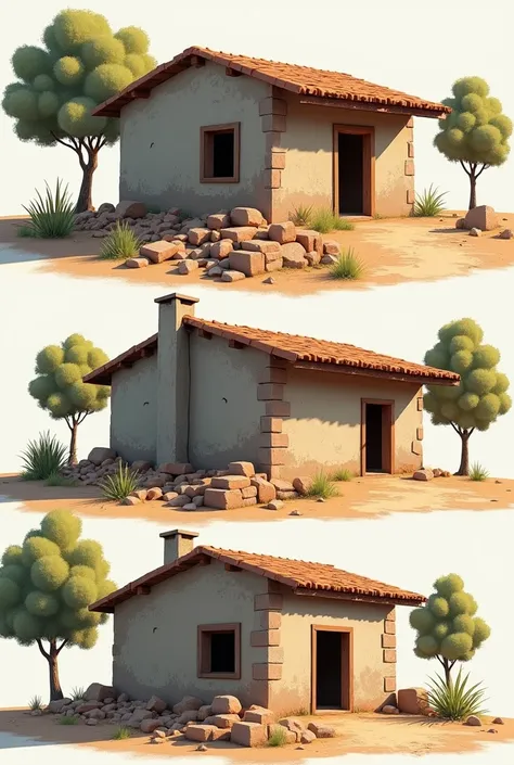 a house in its 4 stages of construction .  First stage :  beginning and middle of work . second: block stage .  third stage : roof.  fourth stage painting and simple repairs. very realistic, humble, small, in the middle of a few orange trees but open space...