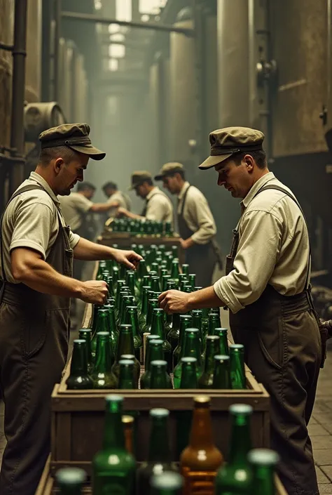 A vintage-style scene of a 1940s brewery, with workers handling beer bottles of varying colors due to the shortage of brown glass, showing the shift to green bottles during WWII.