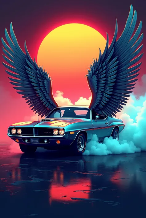 Digital t-shirt design : Classic car with wings and rainbow smoke
80s era
Colores: Multicolor with an emphasis on red and cyan .

 With text Phrase : "Flying low ,  dreaming high ."