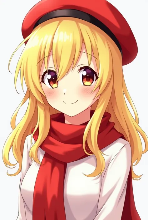  anime girl with red hat, happy, blonde hair, white shirt and red scarf 