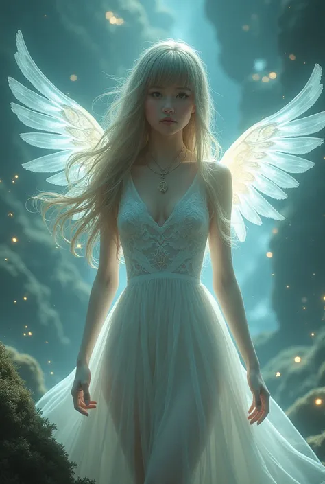 Generate me an adult a girl with long hair with bangs with wings and magic powers 