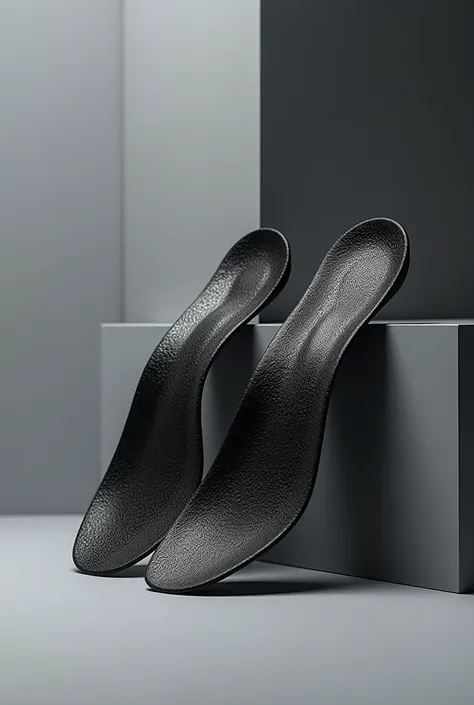 " A pair of sports insoles made of carbon fiber ,  with an ergonomic design and textured in glossy black .  They are placed on a neutral background that highlights their modern and functional appearance, with gray details and an innovative look .