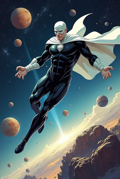 A white superhero ,  in a black suit jumping between planets, drawn in the style of 80s comics