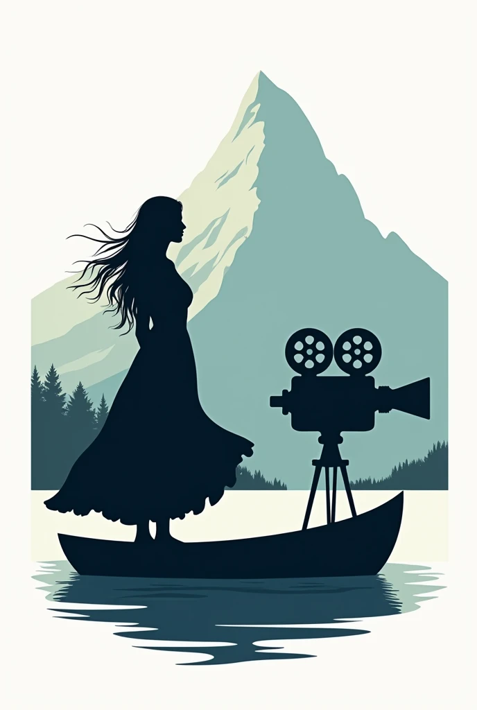 Create a logo-like image of the shadow of a gypsy woman on a boat with the motor in the form of a movie camera looking up a mountain 