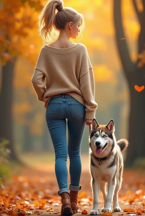 A detailed image of a young woman with light blonde wavy hair, combed in a high ponytail,walking in leaves in the fall time with her husky. she has a sweet facial expression with blue eyes and a challenging look.. She is short and has a curvy figure., with...