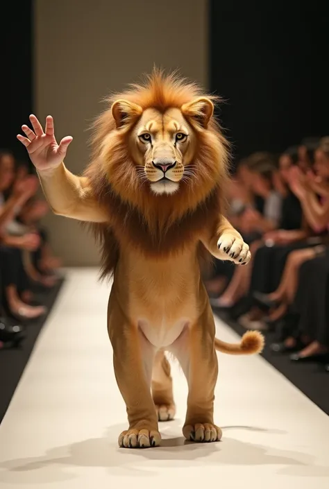 Create realistic photo image of a hybrid human baby with a lion parading and waving on a catwalk with a surrounding audience applauding