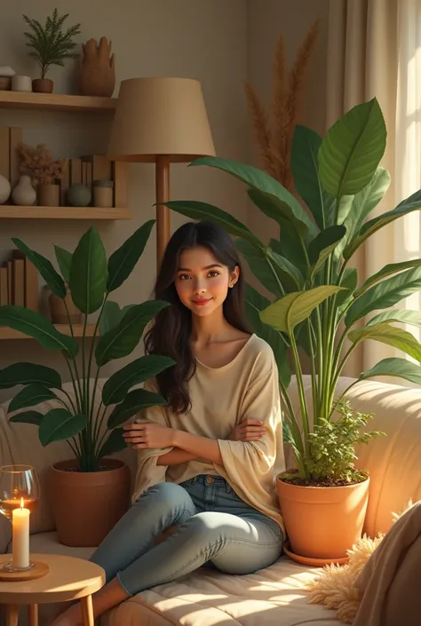  

 Business: Cozy a room with soft evening lighting . In the center sits a young brunette girl with a warm smile,  Hugging ficus Abidjan and Zamioculcas ,  standing in beautiful ceramic pots .  In the background you can see a soft sofa with a blanket ,  a...