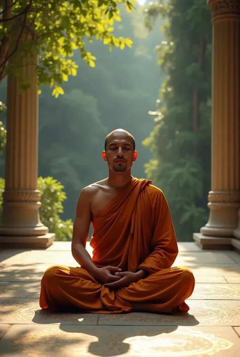 A serene monk sitting cross-legged in a peaceful temple courtyard, sunlight filtering through the trees, with intricate golden patterns on the stone floor beneath him. The camera focuses on his calm face, eyes closed in meditation. Surrounding nature is vi...