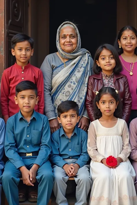 A group photo with two rows. In the front row, six ren are sitting, with two boys on each side wearing a blue coloured captain like suit . In the back row, an elderly  muslim woman in a saree with her head covered stands in the middle, with three girls  on...