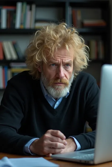  grumpy ,  relationship damaged ,  unhumorous professor type,  blond fuzzy hair , schwarzes Hemd,  profession language psychology ,  thoughtful , flirts,  sitting in front of the computer in the office , dark blue eyes,  mysterious,  thoughtful   