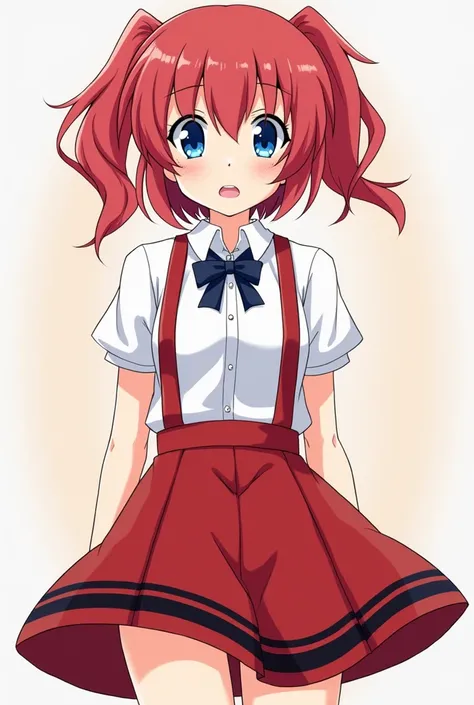 A  Japanese girl in primary school, red skirt with black stripes at the bottom, 　suspenders, a white button-up dress shirt, a ribbon around the collar of the dress shirt, short but long red hair thats tied up in two haft twins tail, a small fang at the lef...