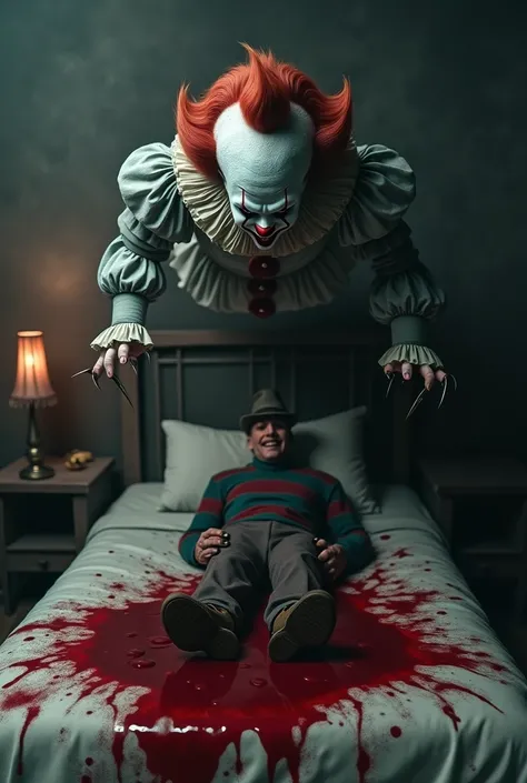 The clown from the movie It is floating in the air threatening and Freddy creaks on top of a bed with a large, blood-filled hole looking at the clown 