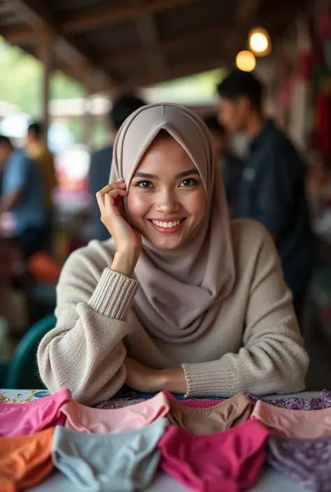 
 a beautiful woman , wear hijab,  wears switer , smiling face facing the camera ,  sat behind the table , and on the table is a pile of panties ,  one hand up next to the face while holding the g-string, The atmosphere of sales in traditional Indonesian m...