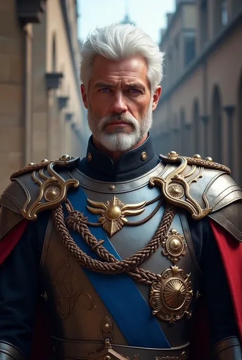 man, has a purple eyes and white hair, wearing knight uniform