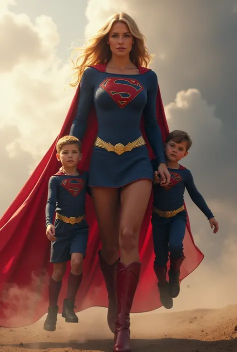 Super girl  tall she to  strong ,she had muscular legs and arms she is lifting a small thin boy with his small brother 