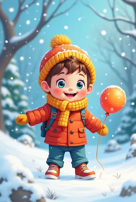 Cartoon boy in snow falling and in the bloon and happy blue eyes innocent colourful background 