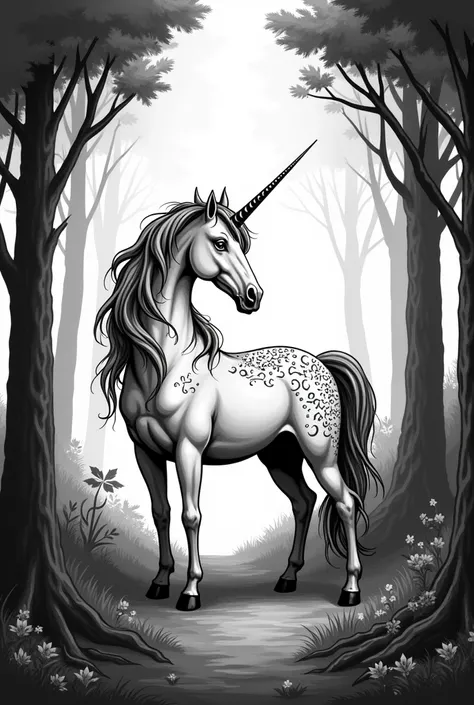 Make a very simple drawing of a forest with a unicorn, The drawing must be all in black and white,  the drawing has to have super is traits for ren 
