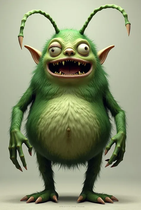 fat doll,  hairy, Oval, Three eyes,  many arms, many legs, green,  long antennae, boca grande,  Pointy ears