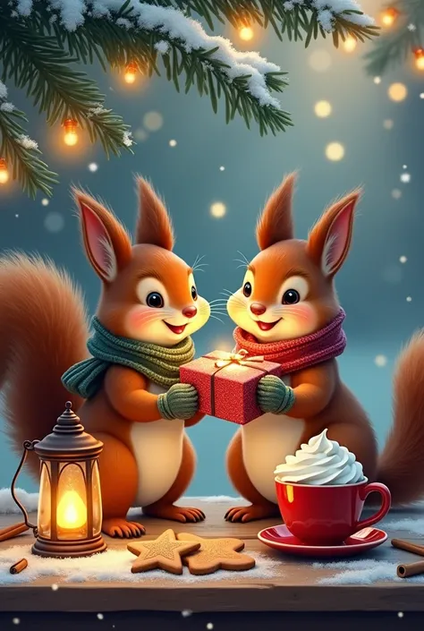 Chubby squirrels exchanging shiny presents: Adorable, plump squirrels with bushy tails, wearing knitted scarves and mittens, exchange glittering presents under a snow-covered pine. Their happy squeaks fill the air as a warm lantern glows nearby, and a wood...