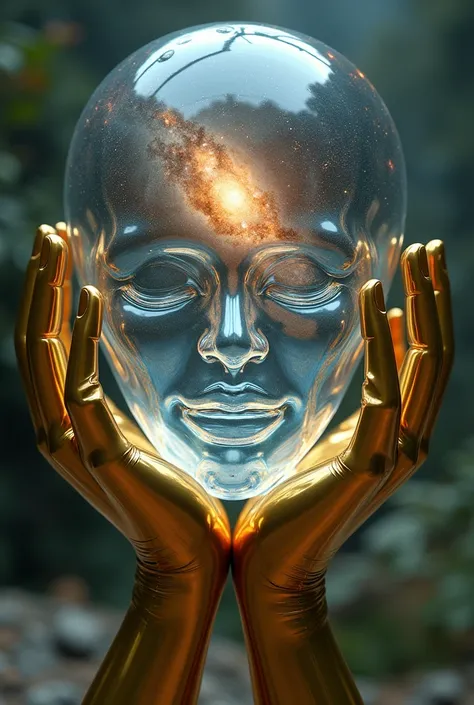 A transparent head that looks in the direction of the observer inside the head is a whole galaxy the arms hold the head tight like a trophy the head has a face so that the observer the huge galaxy the hands are flowing gold 