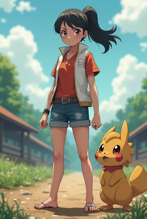 1 niña, May (Pokemon), she looks defiant, she is barefoot, her foot are sweaty, she is more mature than in the anime, the landscape she is in is a pokemon battleground