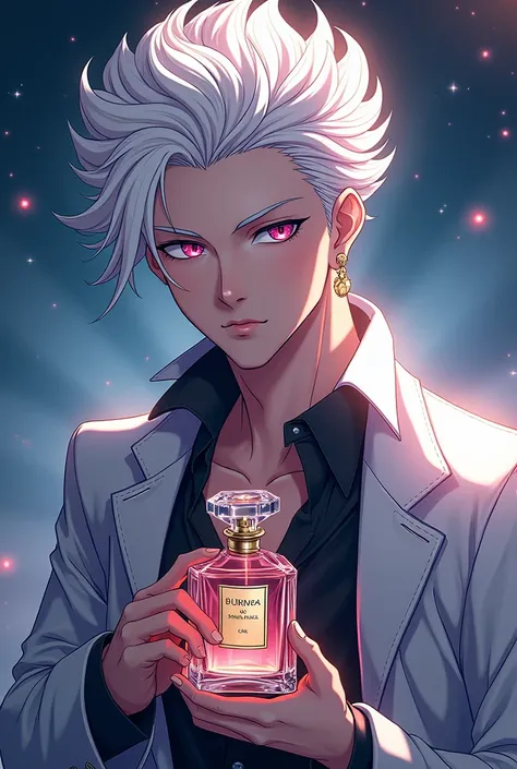 Make a man character starboy anime with the face like king with a perfume in hand and make the hairstyle white and curtain