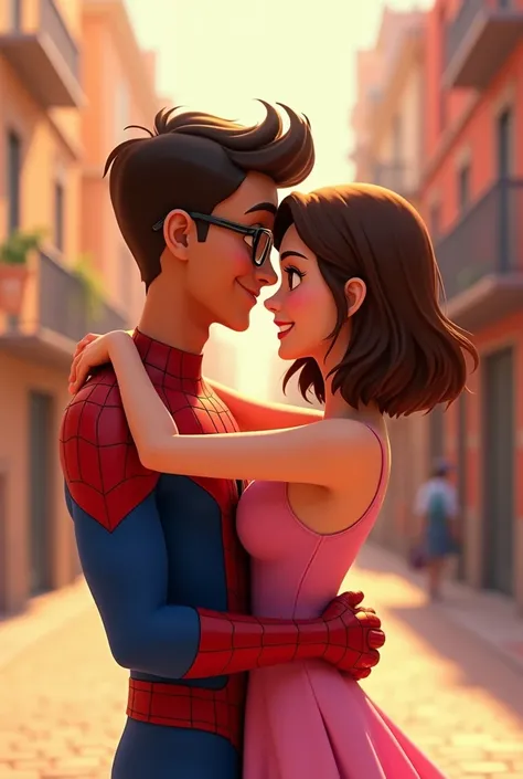  Pixar-like poster of a light brown boy of 25 years old , con sonrisa bonita, with glasses,brown eyes, in Spiderman costume,  who looks very Marvel style and who is hugging a light brown girl , brown shoulder hair , very faith, with an oval face and about ...