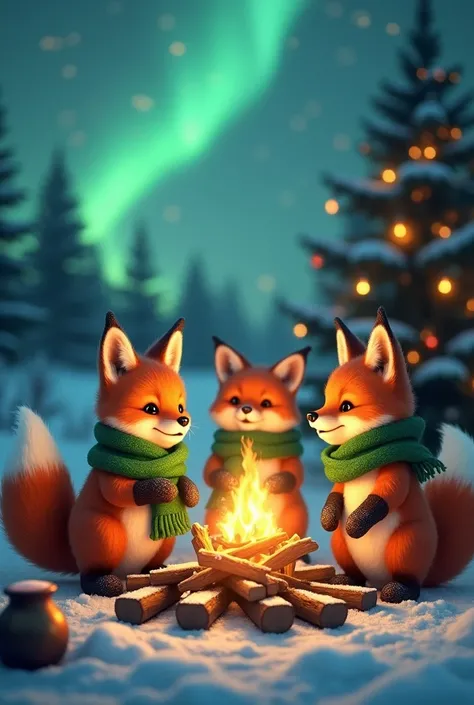 Little foxes singing around the campfire: A group of tiny foxes wearing green scarves and woolen boots sing Christmas carols around a campfire surrounded by snow-covered logs. A steaming kettle of hot chocolate hangs over the fire, a decorated tree glows i...