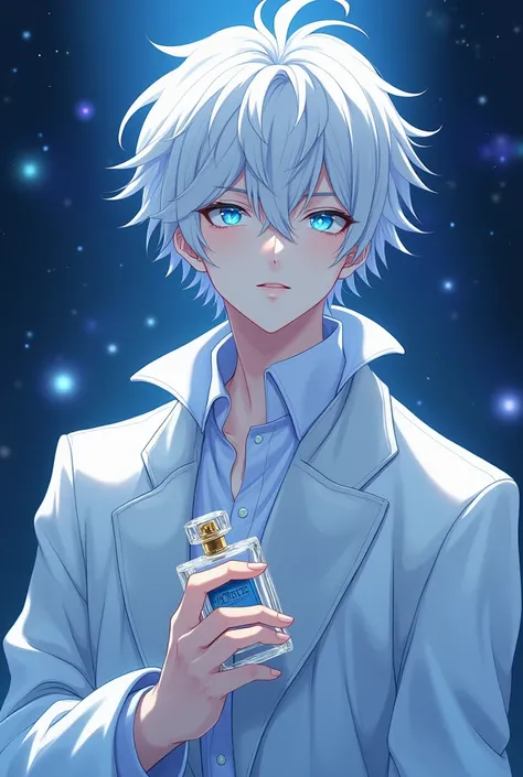 Make a man character starboy anime with the face like king and white skin blue eyes gryffin eyes with a perfume in hand and make the hairstyle white and curtain