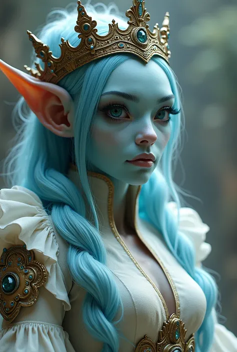  creates a character for a science fiction story with the following characteristics: with blue complexion ,  light blue hair , alas, a crown,  period dress ,  technological references 