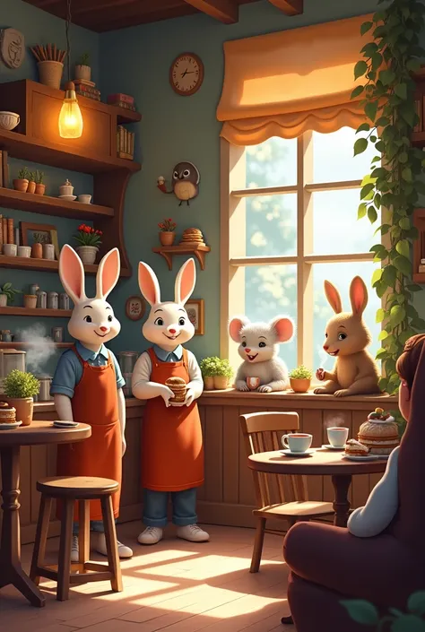 "A cozy café run by animated animals, warm colors and inviting atmosphere."
