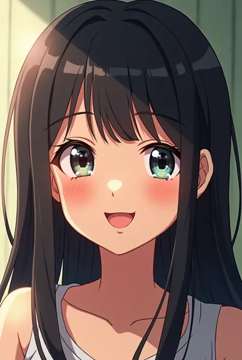 Create an image of me,  I am a girl with long black and straight hair , black and straight with brown skin but not so dark ,  half eyes torn and very smiling Im also friendly, Create the anime style image 