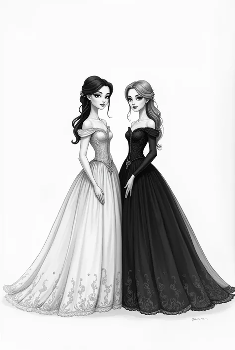 Make a simple drawing of two friendly princesses in beautiful black and white dresses 