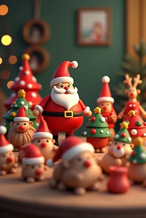 there are a lot of christmas decorations on a table, a 3D render by Marie Bashkirtseff, shutterstock, folk art, 3 d clay render, 3d clay render, cute 3 d render, santa, realistic 3 d style, rendered in cinema 4 d, rendered in cinema4d, 3 d cg, 3d cg, 3d il...