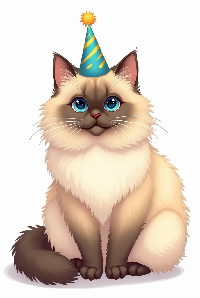 generates an image,  above an English Persian cat wearing a birthday hat.  The cat is cream-colored , but his face is dark .  The image must be a cartoon style drawing with a homogeneous white background.