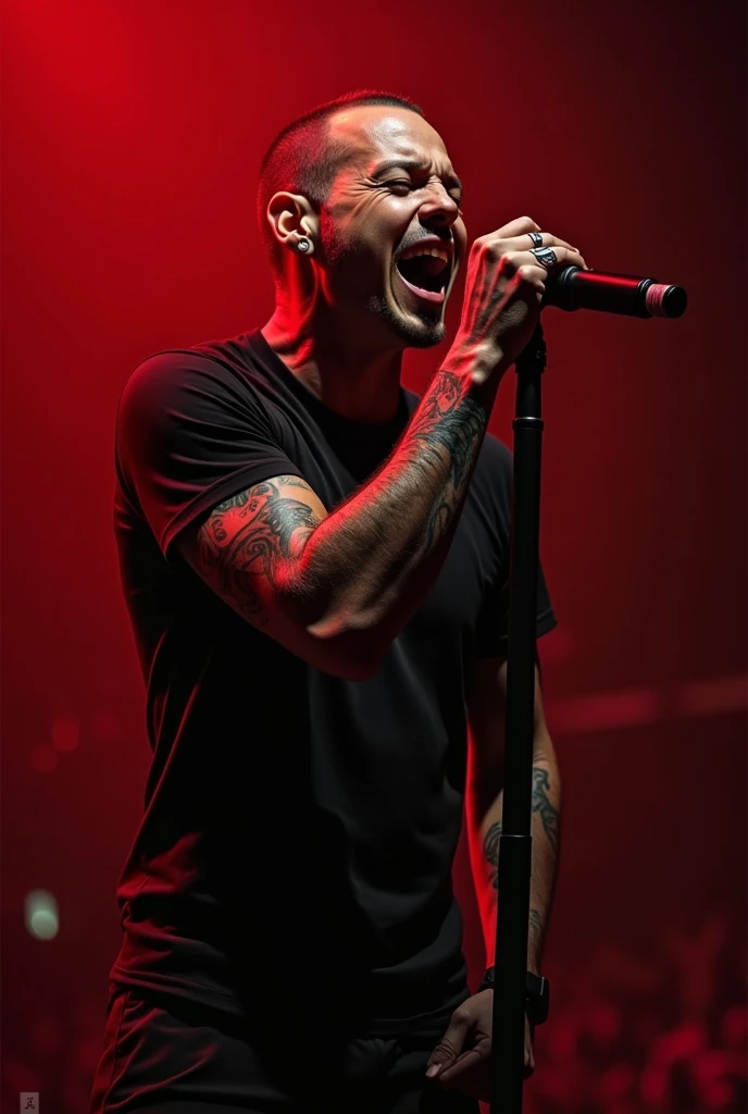 Chester Bennington  singing looks down red background 