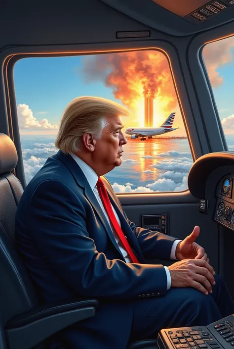 Draw a realistic picture of Donald trump sitting in the cockpit of the plane that crash into the world trade center. You can see the towers through the front window coming closer