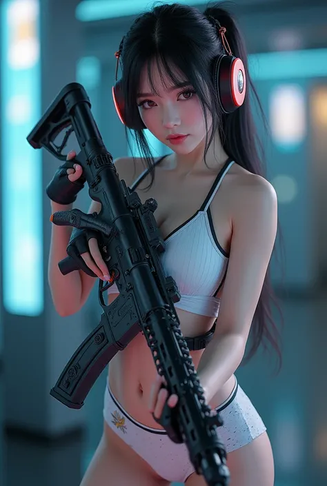 (best quality), future, Realistic, film rendering, (large cleavage,Big tits),(1 girl,korea face sexy , pale skin, (body heigth:140cm), innocent look, Young face,Beauty, photorealistic, a beautiful Asian woman holding a futuristic  sniper rifle, solo, miko ...